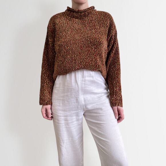Vintage Earthy Chenille Sweater Sz L Rust Brown Mock Neck Longline Pullover - Picture 2 of 5